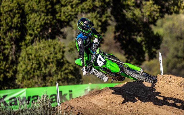 2027 Kawasaki KX250 ridden over a motocross jump