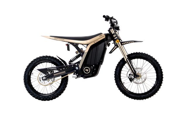 79Bike Lynx electric dirt bike in black and gold, side profile on white background