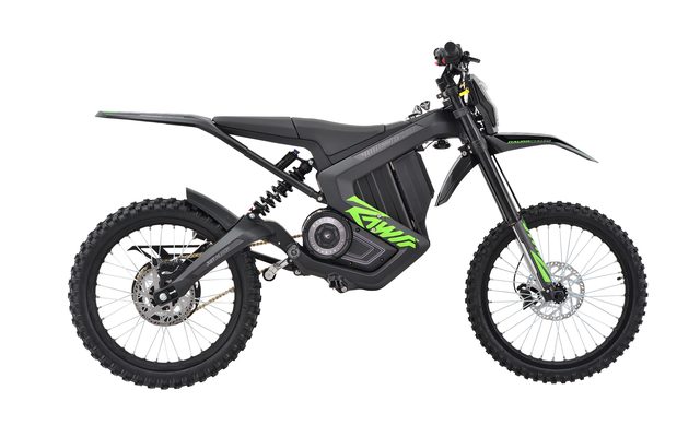 Rawrr Mantis electric dirt bike, side profile on white background