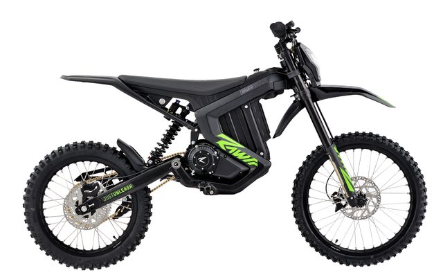 Rawrr Mantis X electric dirt bike, side profile on white background