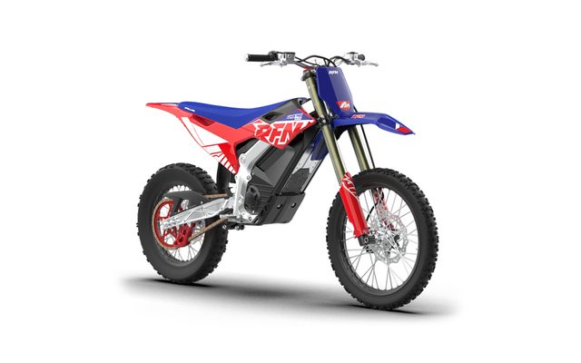 RFN Warrior Pro SX-E15 electric dirt bike, side profile on white background