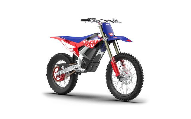 RFN Warrior Pro SX-E15 Plus+ electric dirt bike, side profile on white background