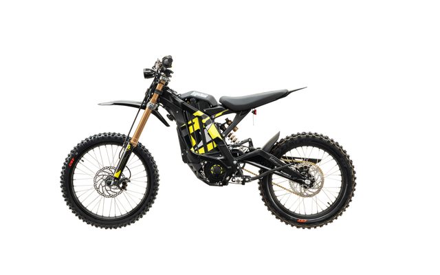 Sur-Ron Light Bee X electric off-road dirt bike in carbon black, side profile on white background